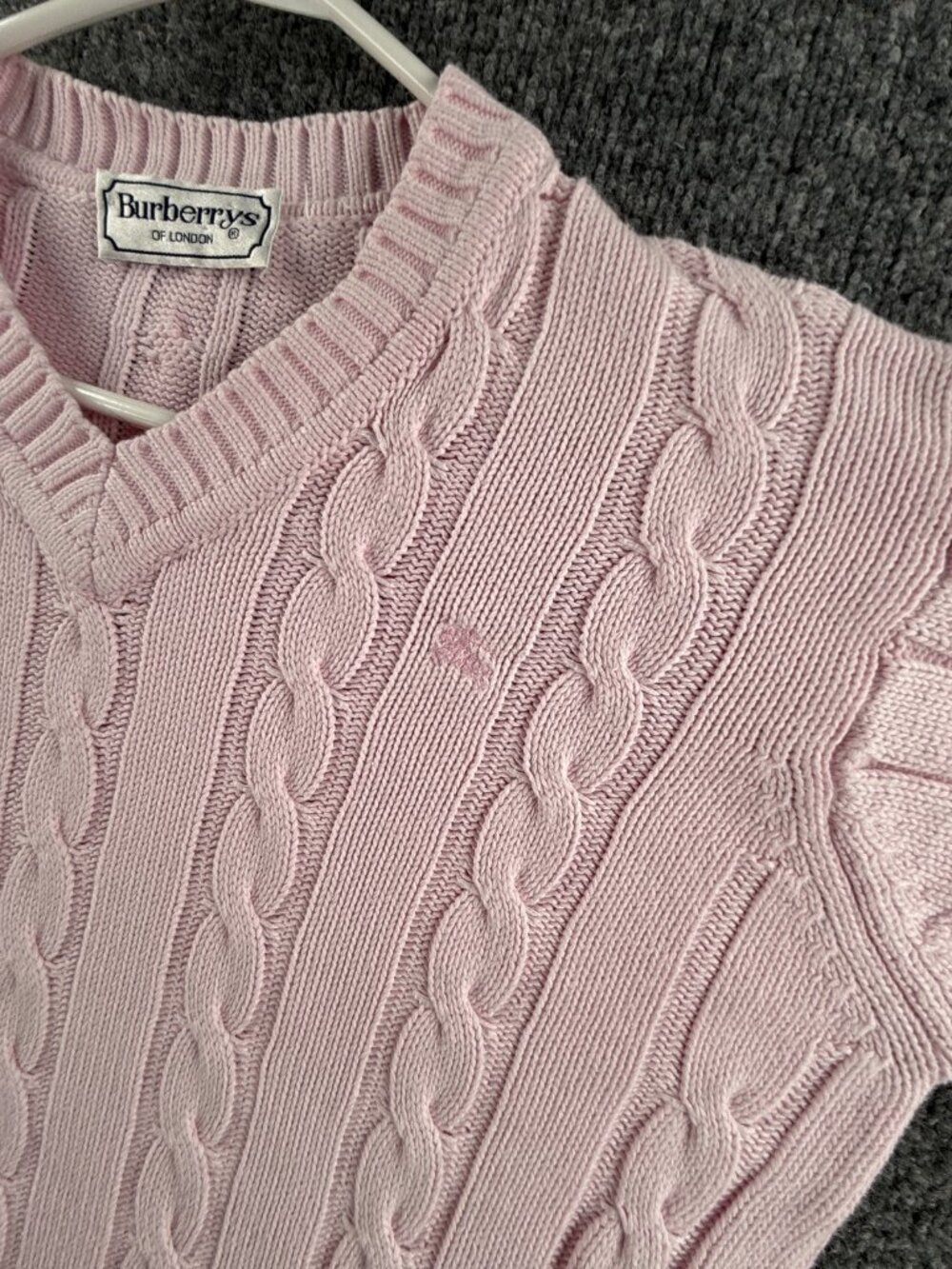 Burberry Cable Knit Pink Medium V-Neck Logo Pullover Sweater Long Sleeve Knit - Picture 3 of 16